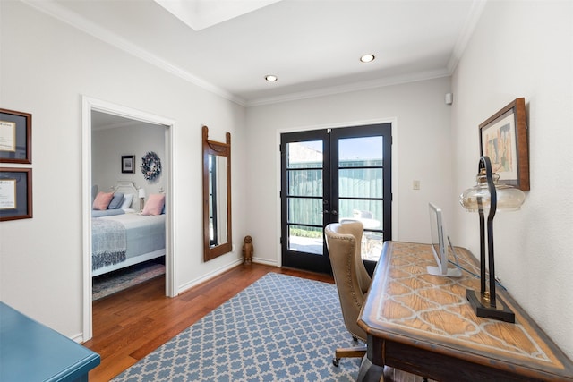 office space featuring crown molding, wood-type flooring, and french doors