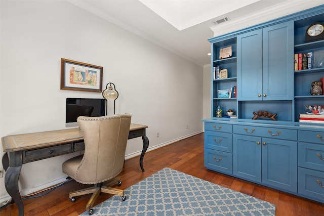 office space featuring crown molding and dark wood-type flooring