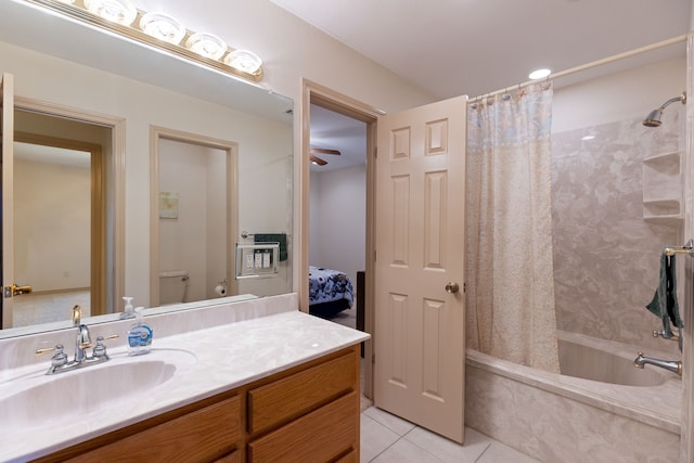 full bathroom with tile patterned flooring, vanity, shower / bath combination with curtain, and toilet