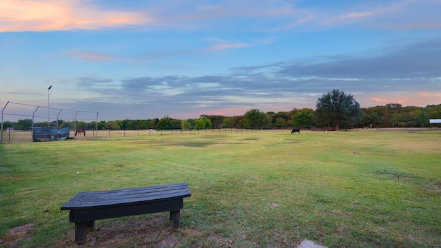 yard at dusk featuring a rural view