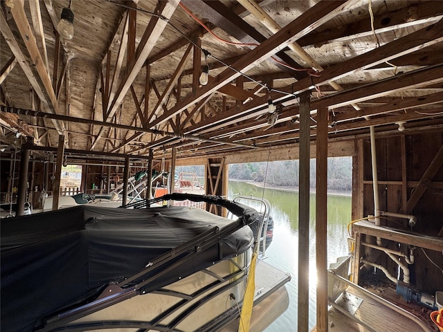 garage with a water view