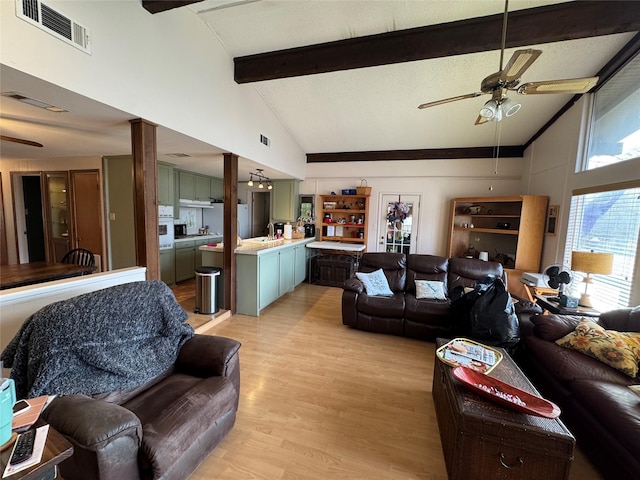 living room featuring high vaulted ceiling, ceiling fan, light wood-style flooring, visible vents, and beam ceiling