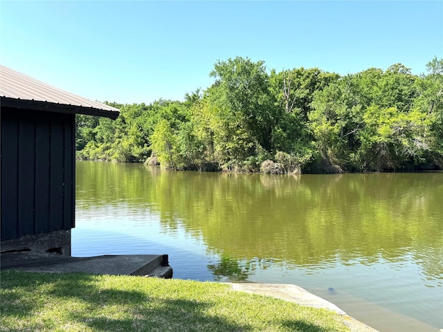 dock area with a wooded view and a water view