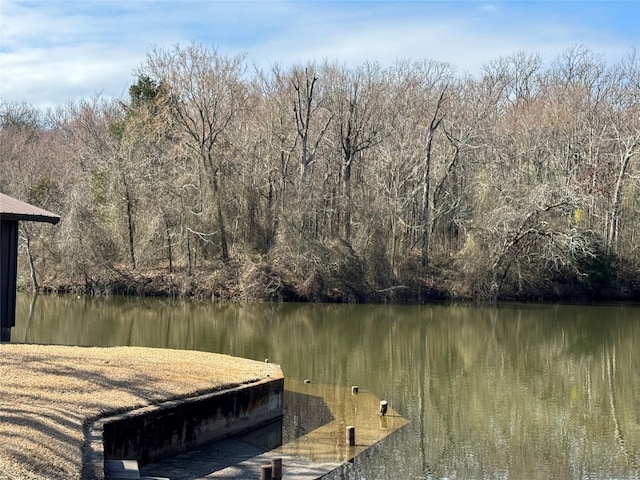 view of dock with a forest view and a water view