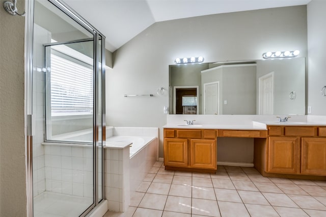 bathroom featuring lofted ceiling, shower with separate bathtub, tile patterned flooring, and vanity