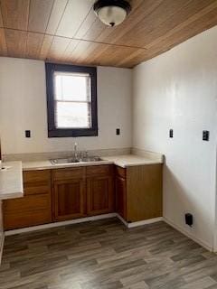 laundry room featuring dark hardwood / wood-style floors, sink, and wooden ceiling