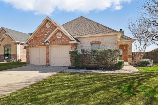 view of front facade featuring a garage, brick siding, concrete driveway, and a front yard