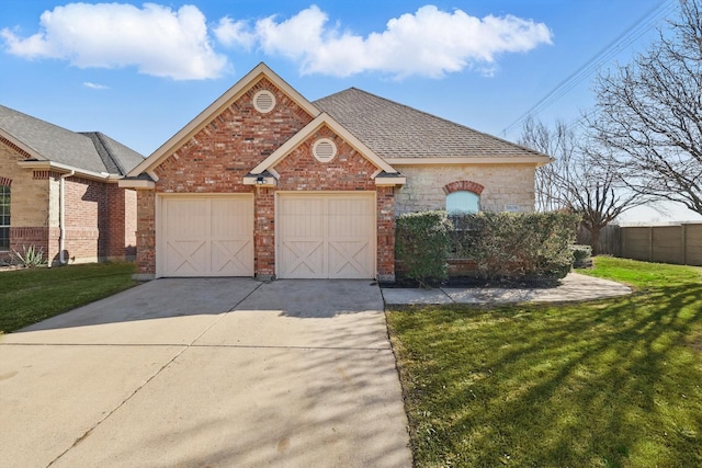 view of front of house with a garage, brick siding, concrete driveway, and a front lawn