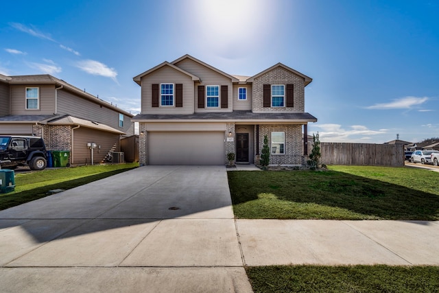 view of front of home featuring a garage, a front yard, and cooling unit