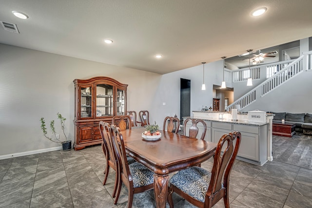 317 Countryside Dr, Aubrey, TX 76227 - dining space featuring stairs, baseboards, ceiling fan, and recessed lighting
