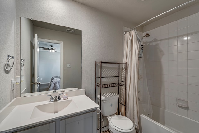 full bathroom with toilet, vanity, and shower / bathtub combination with curtain