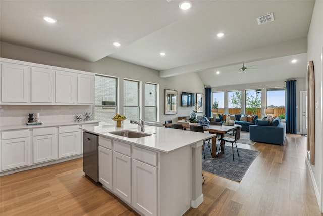 kitchen with sink, tasteful backsplash, stainless steel dishwasher, a kitchen island with sink, and white cabinets