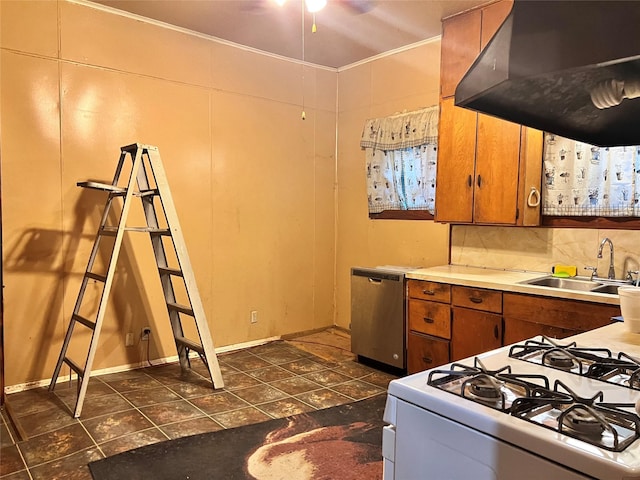 kitchen featuring extractor fan, sink, dishwasher, ceiling fan, and white gas range oven