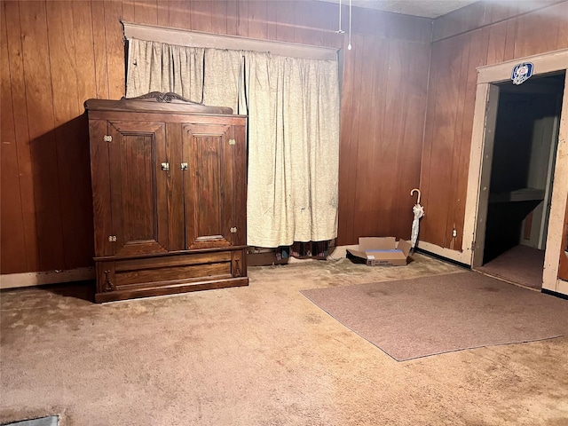 interior space with carpet flooring and wood walls