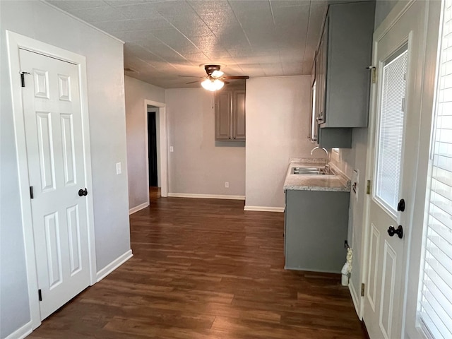 laundry room with ceiling fan, dark hardwood / wood-style floors, and sink