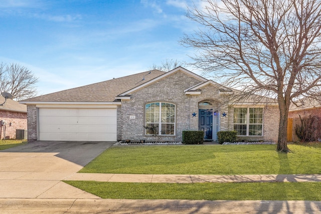 single story home featuring a garage, brick siding, roof with shingles, and a front yard