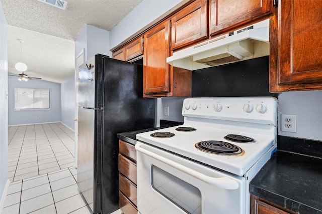 kitchen with light tile patterned floors, ceiling fan, white range with electric stovetop, a textured ceiling, and vaulted ceiling