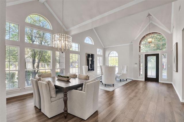 dining room with a notable chandelier, hardwood / wood-style flooring, and plenty of natural light