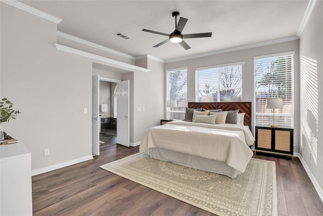 bedroom featuring dark wood-type flooring, ceiling fan, and crown molding