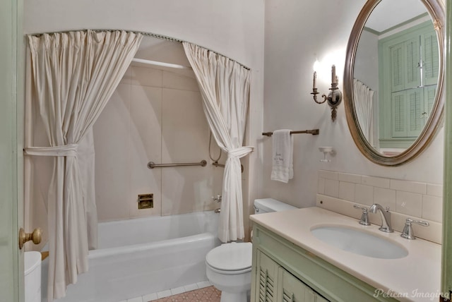 full bathroom featuring tile patterned flooring, backsplash, vanity, toilet, and shower / bath combo with shower curtain