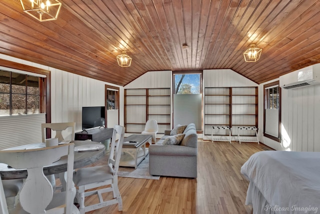 bedroom featuring vaulted ceiling, a wall mounted air conditioner, wood walls, wood ceiling, and light hardwood / wood-style flooring