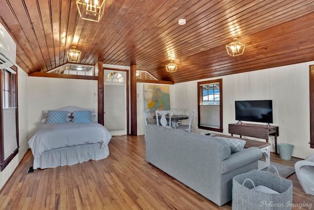 living room with wood ceiling, hardwood / wood-style flooring, vaulted ceiling, and a notable chandelier