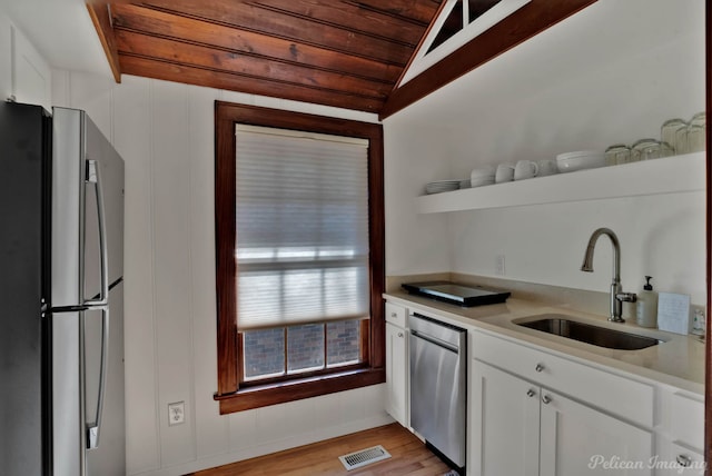 kitchen featuring vaulted ceiling, white cabinetry, sink, stainless steel appliances, and wooden ceiling