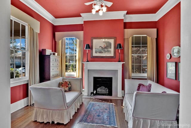 living area featuring crown molding, hardwood / wood-style flooring, and ceiling fan