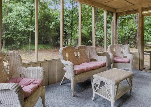 sunroom with wooden ceiling