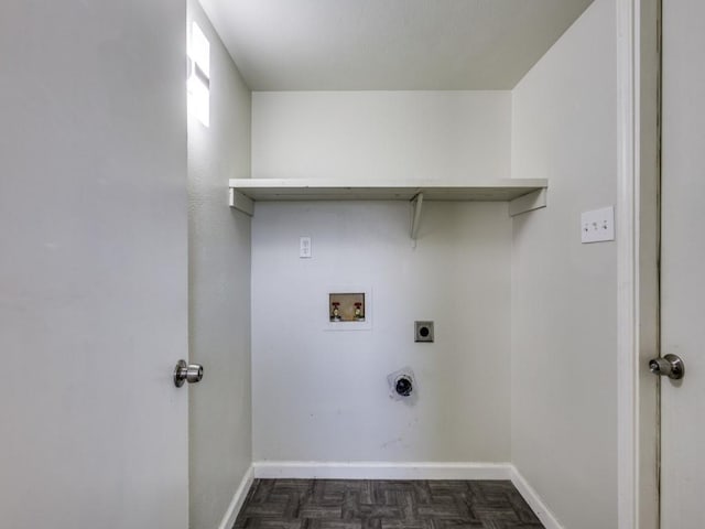 washroom with hookup for a washing machine, dark parquet flooring, and hookup for an electric dryer