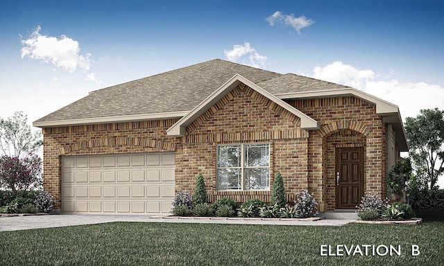 view of front of house with a garage and a front lawn