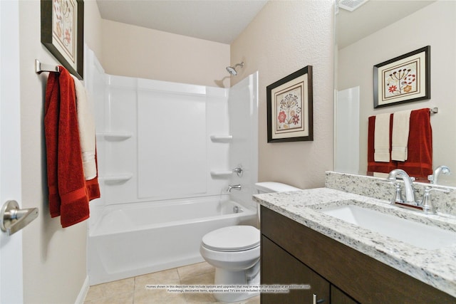 full bathroom with vanity, tub / shower combination, tile patterned floors, and toilet