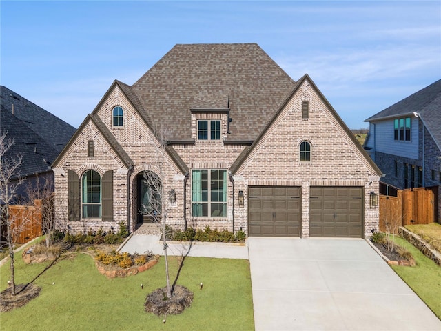 tudor home with a garage and a front yard