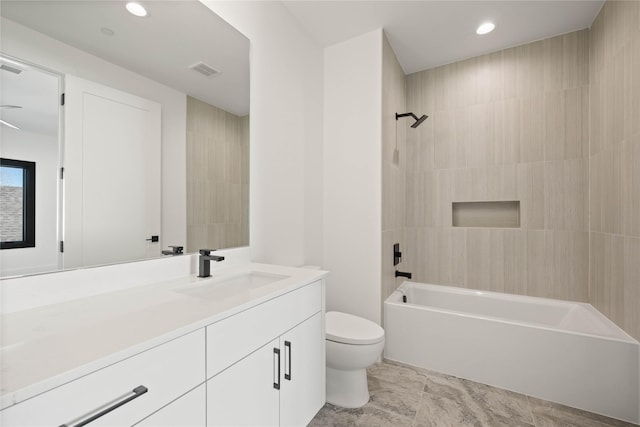 bathroom featuring visible vents, toilet, shower / bathtub combination, recessed lighting, and vanity