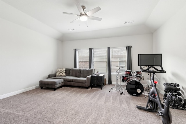 exercise room with carpet floors, visible vents, and baseboards