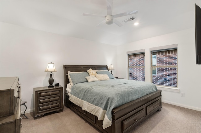 carpeted bedroom with ceiling fan