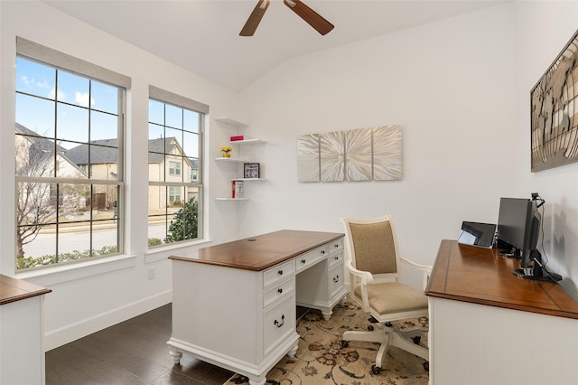 office space featuring ceiling fan, lofted ceiling, and dark hardwood / wood-style flooring