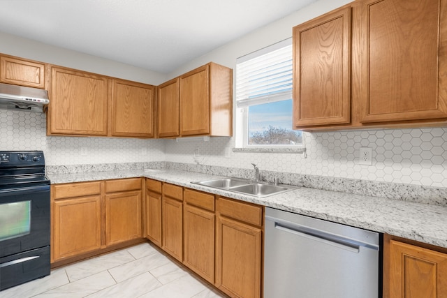 kitchen featuring black / electric stove, backsplash, stainless steel dishwasher, and sink