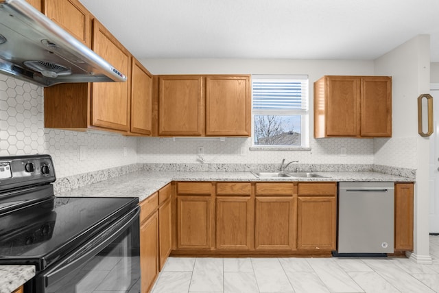 kitchen featuring sink, dishwasher, black range with electric cooktop, decorative backsplash, and exhaust hood