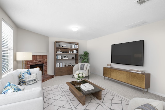 living room featuring a brick fireplace and light carpet