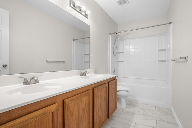 full bathroom featuring shower / tub combination, vanity, and toilet