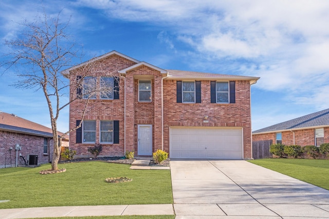 view of front of property with a garage, central AC unit, and a front yard