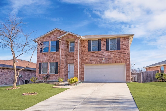 view of front facade featuring cooling unit, a garage, and a front lawn