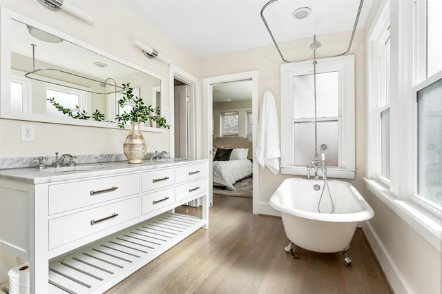 bathroom featuring hardwood / wood-style flooring, vanity, and a bathing tub