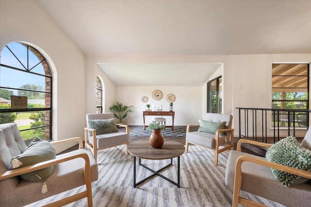 sitting room featuring plenty of natural light and vaulted ceiling