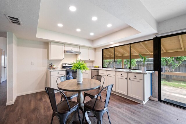 kitchen with sink, stainless steel appliances, white cabinets, dark hardwood / wood-style flooring, and exhaust hood