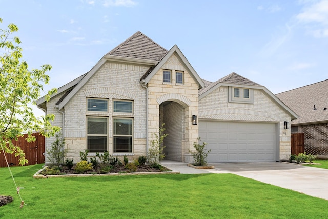 french country home featuring stone siding, concrete driveway, brick siding, a shingled roof, and a garage