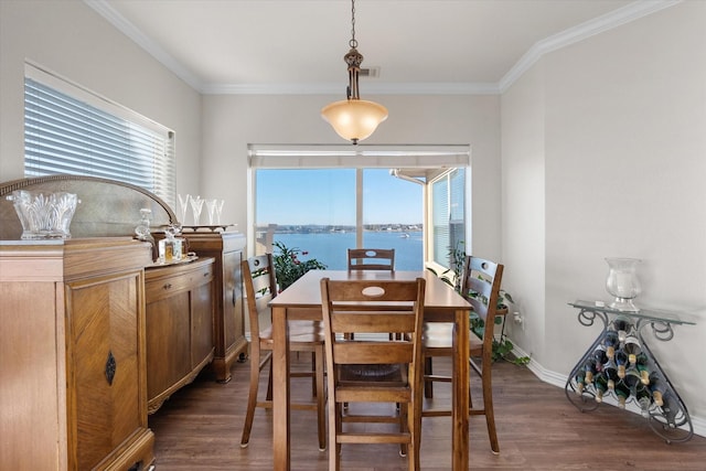 dining room featuring crown molding, a water view, and dark hardwood / wood-style floors