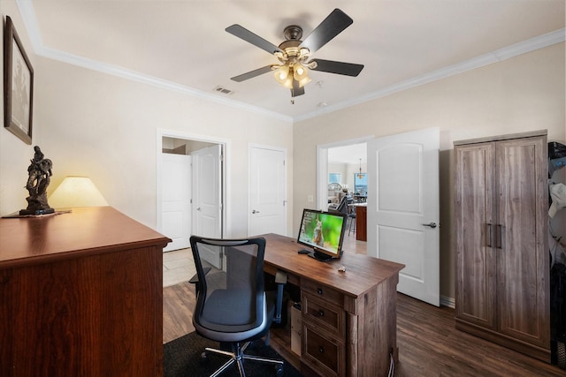 office space with dark hardwood / wood-style flooring and ornamental molding