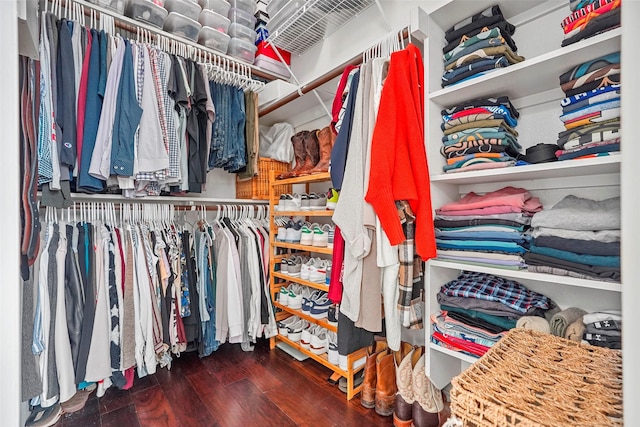 walk in closet with dark hardwood / wood-style flooring